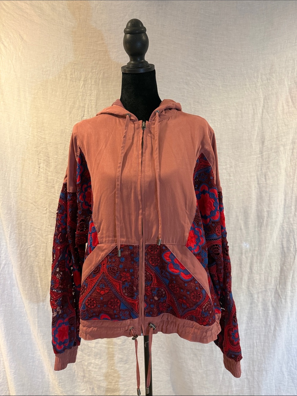 Free People Magpie Rose-Red Hooded Patchwork Bomber Jacket size XS